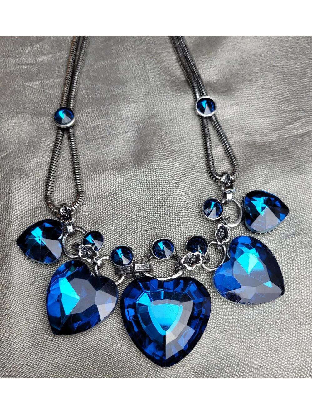 Chunky Blue Heart Crystal Statement Necklace